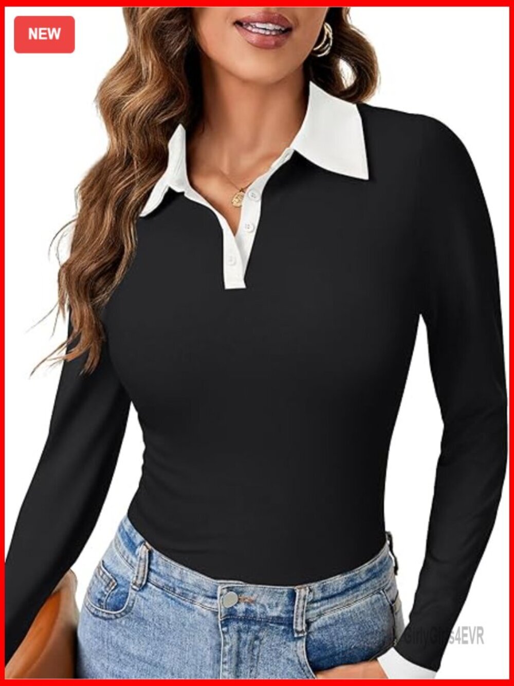 Long Sleeve Button Down Polo Shirt Slim Fit Ribbed Knit Blouse Top
